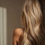 Primo piano da dietro una chioma lunga e luminosa su sfondo medio , neutro, luce editoriale morbida che esalta la texture naturale dei capelli. Atmos