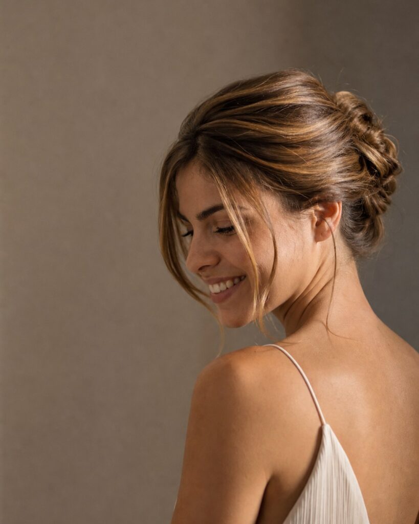 Fotografia editoriale di una ragazza sorridente, femminile con un raccolto elegante e strutturato, su sfondo neutro scuro. Luce radente che valorizza