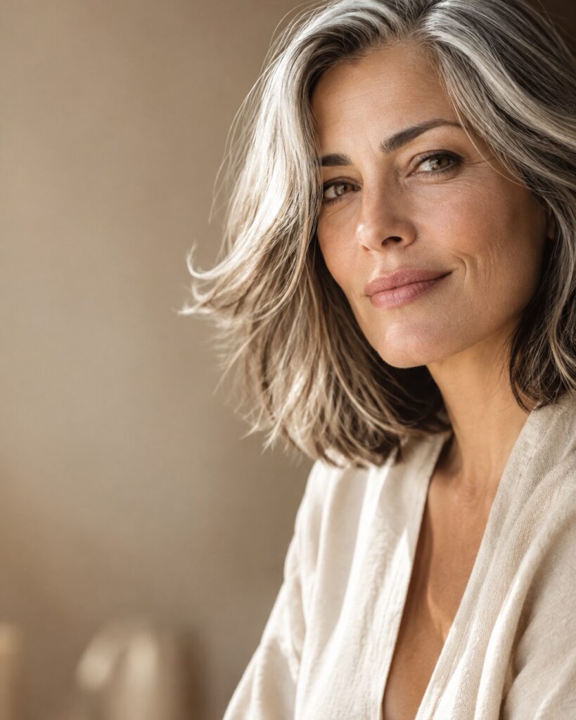 Primo piano di una donna 40-50 anni con capelli parzialmente bianchi e lucenti, un long bob leggero, svolazzante, luce naturale laterale morbida, sfon